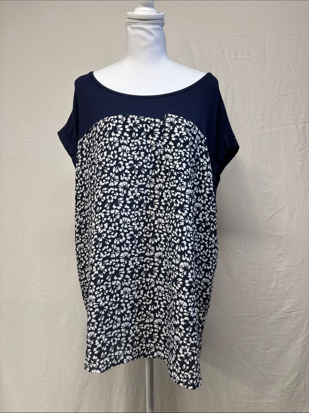 Denver Hayes Navy and White Floral Panel Short Sleeve Tunic